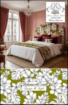 Tissu ameublement tropical fond vert imprimé feuilles dessin noir exotique  mètre