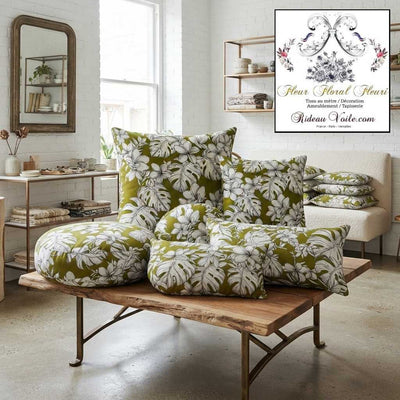 Tissu ameublement tropical fond vert imprimé feuilles dessin noir exotique  mètre