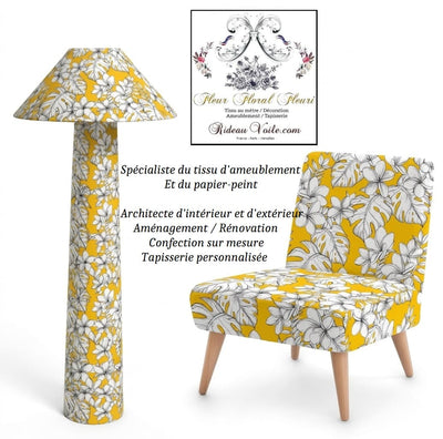 Tissu jaune façon Toile de Jouy ameublement imprimé feuilles exotique