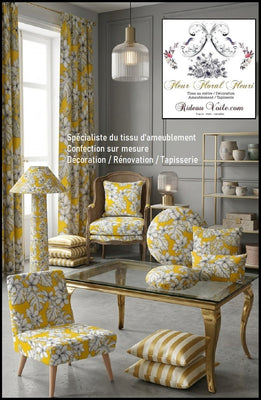 Tissu jaune façon Toile de Jouy ameublement imprimé feuilles exotique