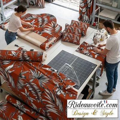 Tissu ameublement fleuri imprimé rouge feuilles tropical feuillage