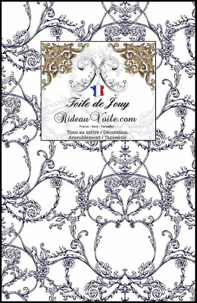 Tissu ameublement intérieur Toile de Jouy BLEU NUIT mètre rideau voilage sur mesure