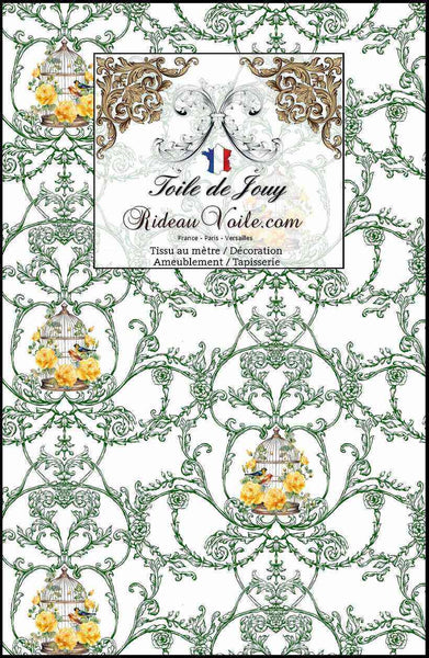 Boutique tissu d'éditeur ameublement mètre motif imprimé Toile de Jouy vert motif oiseaux, fleurs