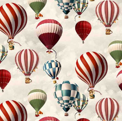 Tissu ameublement coton blanc avec des motifs ballons montgolfières mètre