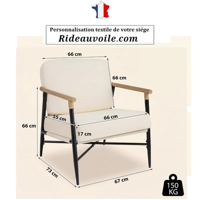 Fauteuil d'appoint Salon avec Coussins Déhoussables ignifuge déperlant  et Accoudoirs Effet Bois, Fauteuil Relax Vintage Confortable avec Cadre Métal, Chaise Lecture pour Salon, Chambre, Bureau
