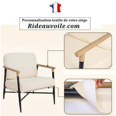 Fauteuil d'appoint Salon avec Coussins Déhoussables ignifuge déperlant  et Accoudoirs Effet Bois, Fauteuil Relax Vintage Confortable avec Cadre Métal, Chaise Lecture pour Salon, Chambre, Bureau