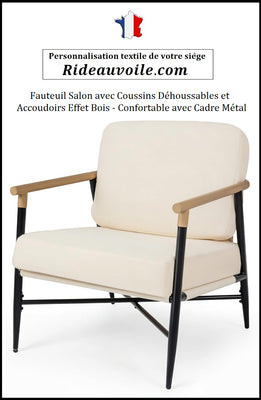 beige Fauteuil d'appoint Salon avec Coussins Déhoussables ignifuge déperlant  et Accoudoirs Effet Bois, Fauteuil Relax Vintage Confortable avec Cadre Métal, Chaise Lecture pour Salon, Chambre, Bureau