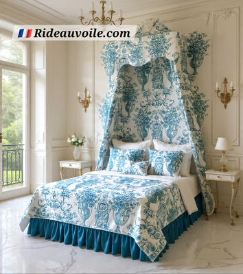 Tissu motif Toile de Jouy bleu ameublement mètre rideau voilage tapisserie