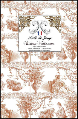 Tissu jacquard ameublement grande largeur imprimé couple ornement couple motif Toile de Jouy orange haut gamme. Décoratrice d'architecte d'intérieur. Boutique Confection voilage, rideau au mètre. Ignifugé occultant.