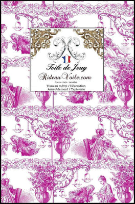 Tissu jacquard ameublement grande largeur imprimé couple ornement couple motif Toile de Jouy rose fushia haut gamme. Décoratrice d'architecte d'intérieur. Boutique Confection voilage, rideau au mètre. Ignifugé occultant.