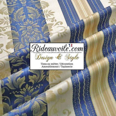 Jacquard Baroque tissu ameublement grande largeur 280cm bleu rayures écru ivoire