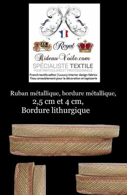 Ruban métallique, bordure métallique - Couleur rouge et or. Largeur des rubans disponibles: 2,5 cm et 4 cm, bordure broderie dans le style liturgique d'église esprit vintage Baroque.