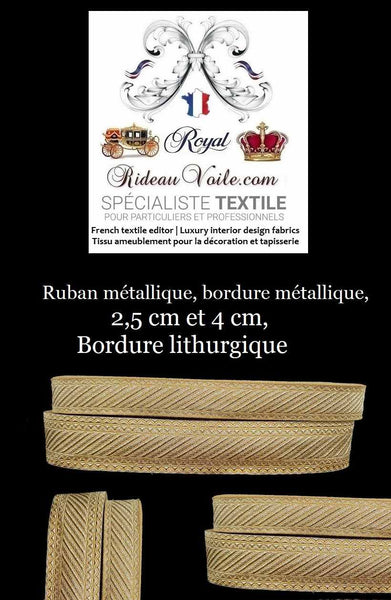 Passementerie Mercerie Ruban métallique, bordure métallique - Couleur rouge et or. Largeur des rubans disponibles: 2,5 cm et 4 cm, bordure broderie dans le style liturgique d'église esprit vintage Baroque.