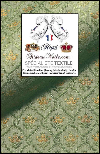 Tissu d'éditeur Jacquard ameublement motif croisillon broderie florale vert bouton d'Or