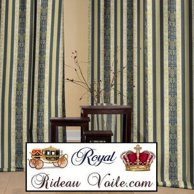 Jacquard Baroque tissu ameublement grande largeur 280cm bleu rayures écru ivoire