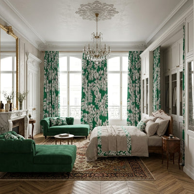 Tissu motif VERT façon Toile de Jouy ameublement imprimé feuilles exotique