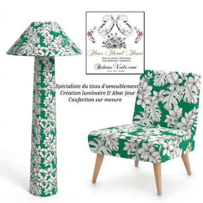 Tissu motif VERT façon Toile de Jouy ameublement imprimé feuilles exotique