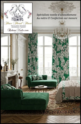 Tissu motif VERT façon Toile de Jouy ameublement imprimé feuilles exotique