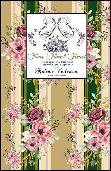 Tissu ancien imprimé vintage feuilles roses rayures bouquet fleuri 