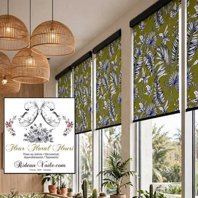 Tissu ameublement  imprimé feuilles fleurs tropical feuillages bleu vert
