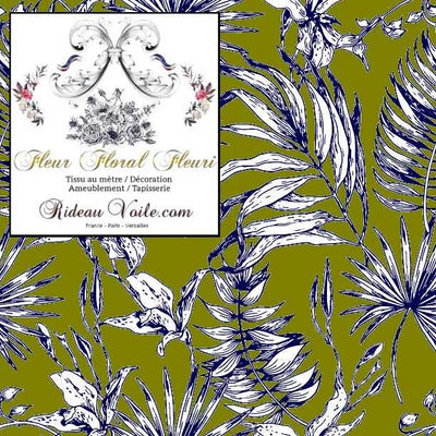 Tissu ameublement  imprimé feuilles fleurs tropical feuillages bleu vert