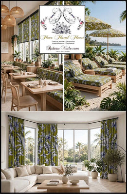 Tissu ameublement  imprimé feuilles fleurs tropical feuillages bleu vert