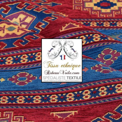 Tissu velours chenille kilim Aztec ethnique tribal motif turc rouge bleu