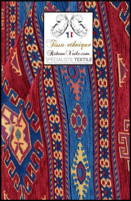 Tissu velours chenille kilim Aztec ethnique tribal motif turc rouge bleu