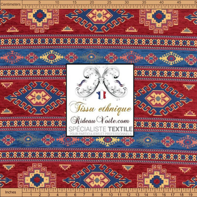 Tissu velours chenille kilim Aztec ethnique tribal motif turc rouge bleu