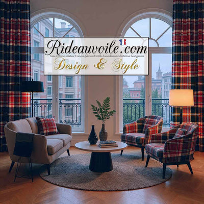 laine carreaux tartan bleu et rouge ameublement intérieur rideaux coussin FF&E HOTEL RESTAURANT rénovation