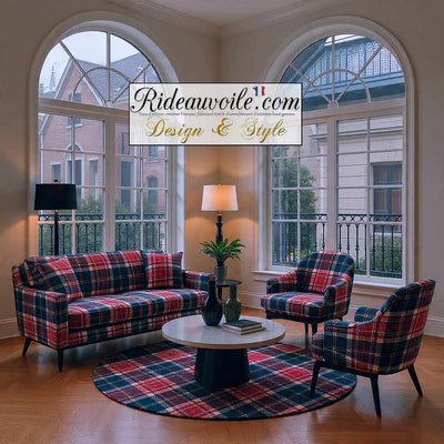 Tissu d'ameublement 🔥 carreaux Tartan effet Laine bleu rouge mètre rideau confection Ignifuge