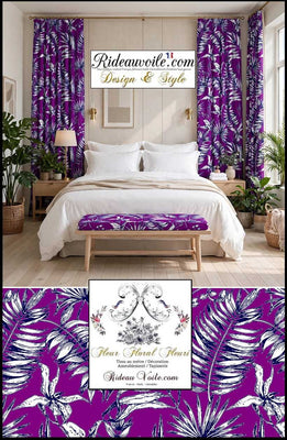 Tissu ameublement fleuri imprimé feuilles fleur tropical feuillage violet noir