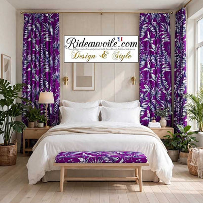 Tissu ameublement fleuri imprimé feuilles fleur tropical feuillage violet noir