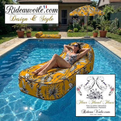 Tissu orange fleuri imprimé jaune cumin feuilles tropical feuillages noir