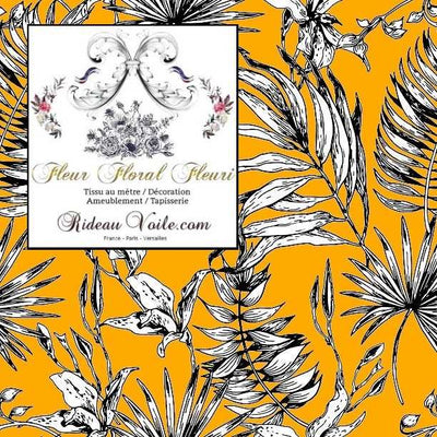 Tissu orange fleuri imprimé jaune cumin feuilles tropical feuillages noir
