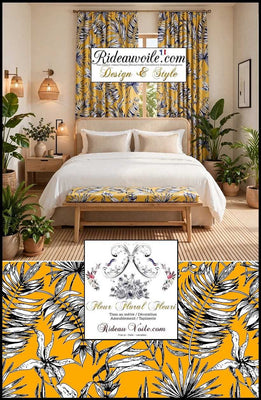 Tissu orange fleuri imprimé jaune cumin feuilles tropical feuillages noir