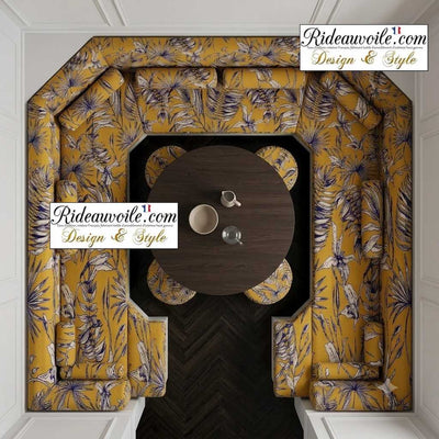 Tissu orange fleuri imprimé jaune cumin feuilles tropical feuillages noir