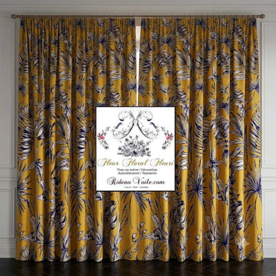 Tissu orange fleuri imprimé jaune cumin feuilles tropical feuillages noir
