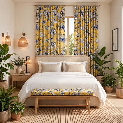 Tissu orange fleuri imprimé jaune cumin feuilles tropical feuillages noir