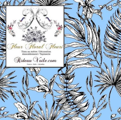 Tissu ameublement fleuri imprimé bleu feuilles fleuri tropical feuillages noir
