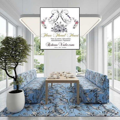 Tissu ameublement fleuri imprimé bleu feuilles fleuri tropical feuillages noir