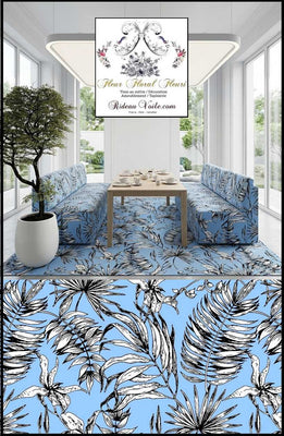 Tissu ameublement fleuri imprimé bleu feuilles fleuri tropical feuillages noir