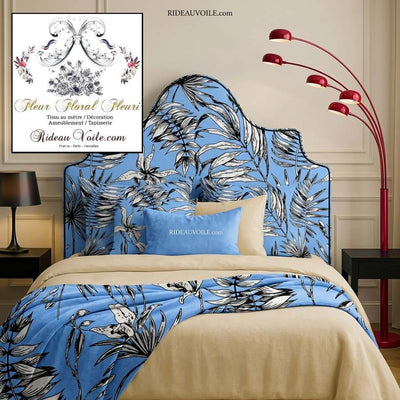 Tissu ameublement imprimé bleu feuilles fleuri tropical feuillages noir
