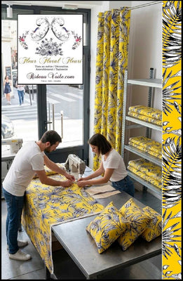 Tissu ameublement  imprimé feuilles fleur tropical feuillage jaune noir