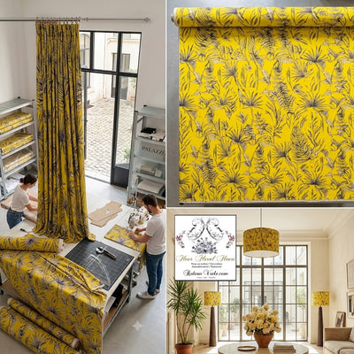 Tissu ameublement  imprimé feuilles fleur tropical feuillage jaune noir