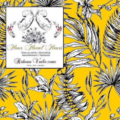 Tissu ameublement  imprimé feuilles fleur tropical feuillage jaune noir