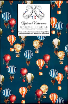 Tissu ameublement fond bleu avec des motifs ballons montgolfières mètre