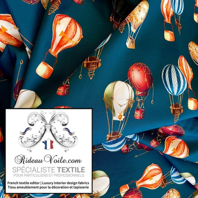 Tissu ameublement fond bleu avec des motifs ballons montgolfières mètre