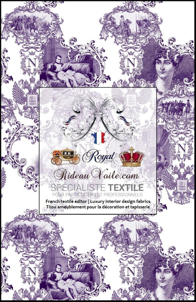 Rideauvoile French editor TEXTILE upholsterer Luxury interior decorating home  fabrics. Toile de Jouy violet issu d'éditeur créateur ameublement mètre rideau sur mesure décoratrice d’intérieur agencement architecte ignifugé, occultant. Confection couture voilage, rideau, coussin,.