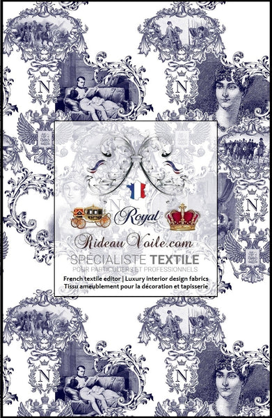 Motif imprimé Empereur Napoléon Bonapart Rideauvoile French editor TEXTILE upholsterer Luxury interior decorating home  fabrics. Toile de Jouy tissu d'éditeur créateur ameublement mètre rideau sur mesure décoratrice d’intérieur agencement architecte ignifugé, occultant. Confection couture voilage, rideau, coussin,. Tapisserie revêtement. 